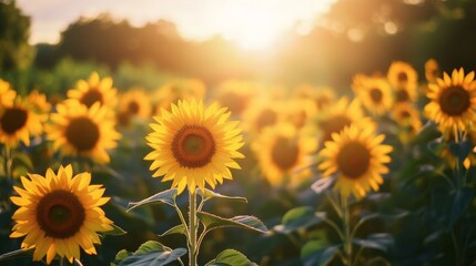 Obraz premium A vibrant field of sunflowers warmly glows under the golden sunset, epitomizing the beauty of summer and nature's splendor.