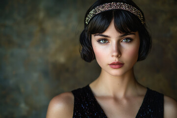 Portrait of a young woman with dark bob haircut wearing a beaded headband, elegant and classic.