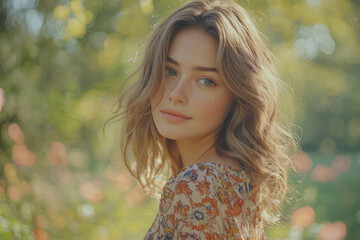 Naklejka premium A young woman with freckles and long blonde hair, wearing a floral dress, poses outdoors in a sunlit garden.