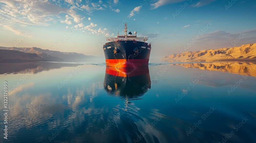 Poster a large cargo ship is anchored in tranquil waters reflecting a beautiful sunrise. the surrounding la