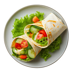 Isolated Fresh Mexican Burrito Wrap on White Plate Top View
