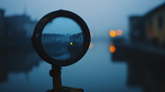 An antique magnifying glass reflects a blurred riverside cityscape in the misty twilight, offering a glimpse into a vintage and mysterious world.