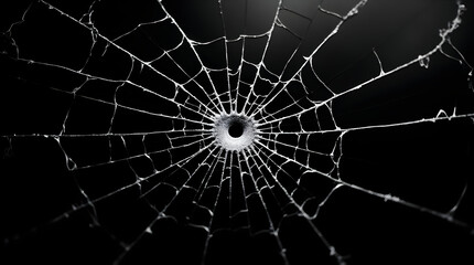 Obraz premium Dramatic Cracked Glass Spiderweb Texture Broken Hole on Black Background