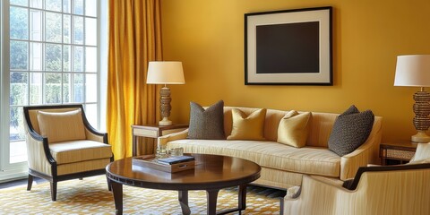 Fototapeta premium A warm and inviting living room with yellow color scheme
