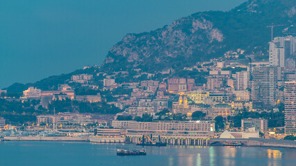 Cityscape of Monte Carlo night to day timelapse, Monaco before summer sunrise.