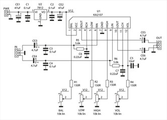 Schematic diagram of electronic device on sheet of paper. Vector drawing electrical circuit with
capacitor, resistor, integrated circuit of volume control,
voltage converter, other components.