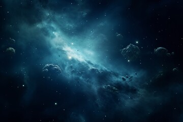 Fototapeta premium Dark blue nebula cloud in outer space with bright glowing core and orbiting asteroids.