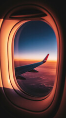 Airplane wing viewed from porthole during sunset, showcasing vibrant orange and purple hues in the sky, symbolizing travel, adventure, and freedom