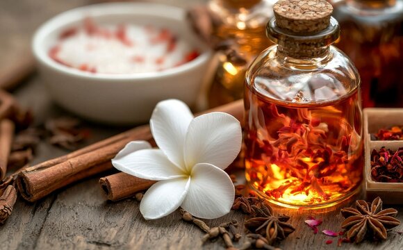 Aromatherapy and alternative medicine are represented by natural spa ingredients and a bottle of herbal extract oil, all within a Thai Spa theme on a shabby wooden background with an ayurvedic