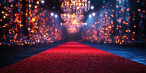 Elegant red carpet leading to a glamorous venue adorned with sparkling lights during a high-profile event