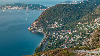 Fototapeta premium Morning timelapse view of the Mediterranean coastline of the town of Eze village on the French Riviera