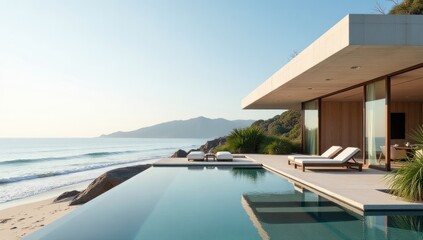 Fototapeta premium Luxury Modern Villa with Infinity Pool and Ocean View. Serene Escape. Ideal for luxury lifestyle blogs, vacation rental promotions, premium product advertising