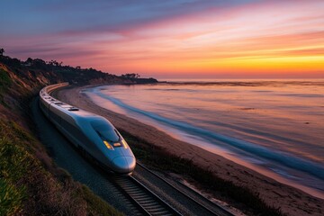 High-speed train journeys along a scenic coastal track during a breathtaking sunset.