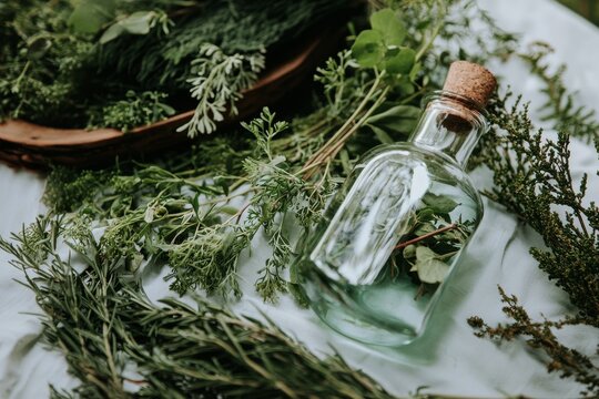 Experience the essence of natural healing with our stock photo featuring organic herbal medicine products that promote a holistic and organic way of living