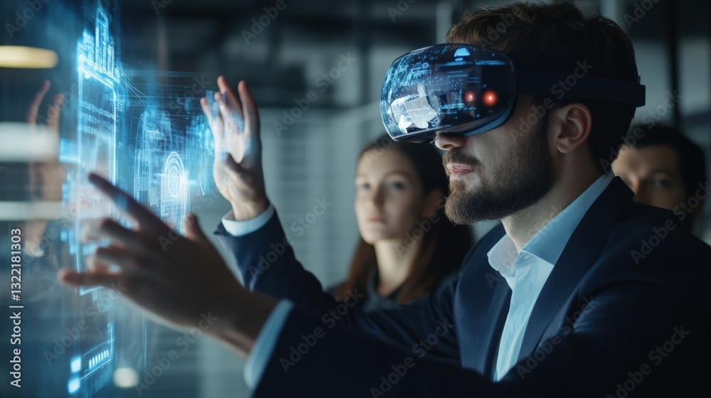 Poster software engineer wearing virtual reality headset interacting with futuristic hologram user interfac