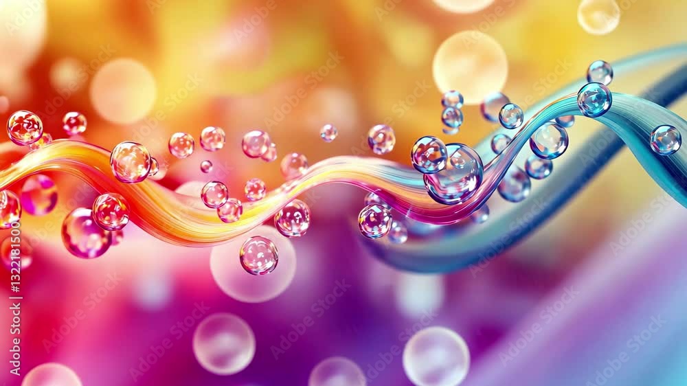 Poster Molecules floating over a vibrant, waving background in an abstract representation of movement and color, molecules moving over waving multi coloured background
