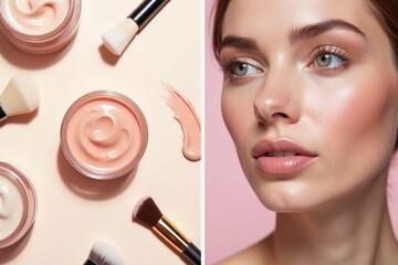 Beauty products and makeup application close-up