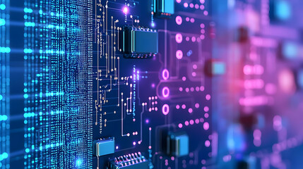 Obraz premium Close Up of a Futuristic Circuit Board With Glowing Blue and Purple Components and Binary Code in a Dark Environment For Technology
