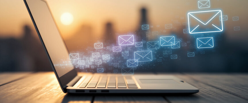 Laptop on wooden table with digital email icons emitting from screen, symbolizing online communication, messaging, and digital marketing