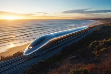 A sleek, high-speed train travels along a scenic coastal railway during a breathtaking sunset.