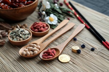 Fototapeta premium A top view showcases Chinese herbal medicine, herbs placed in wooden spoons, acupuncture needles, and moxa sticks used for moxibustion therapy, all arranged on a bamboo background with feng shui