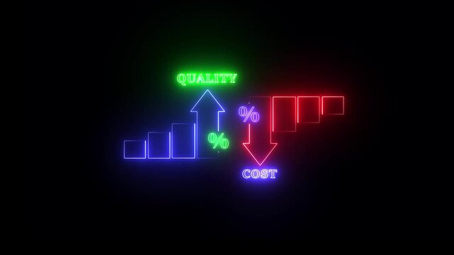 Percentage icon of quality and cost with up and down, on background. Quality neon control and company cost reduction. Cost and quality control concept. Successful organization strategy and management.