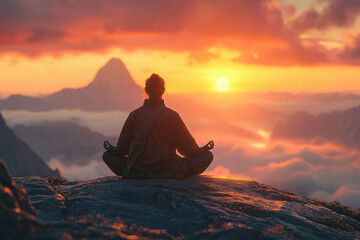 Fototapeta premium Silhouette of a person meditating on a mountaintop at sunset, enjoying serene peace and tranquility.