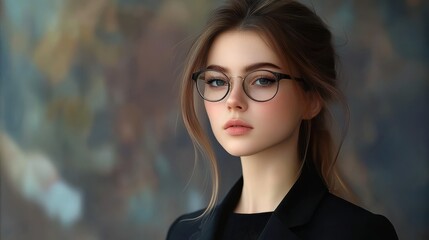 Fototapeta premium Young woman wearing glasses and black blazer with a blurred background