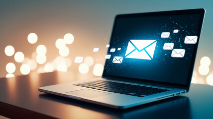 Laptop displaying email icons, symbolizing digital communication, online messaging, and connectivity, suitable for technology or business concepts