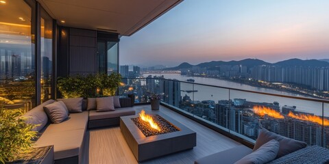 Obraz premium Modern luxurious apartment balcony overlooking the cityscape during dusk hours