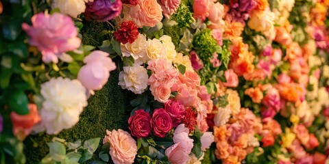 A dense wall displaying various colors of lush floral blooms