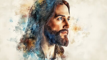 Watercolor portrait of Jesus Christ with copy space