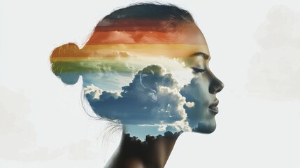 Abstract watercolor painting illustrating a human head in a blue sky, symbolizing spiritual healing and freedom of the mind