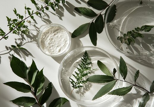 In a laboratory setting, researchers conduct natural cosmetic studies utilizing petri dishes, lab glassware, and various mediums, including clay powder and green leaves, to test efficiency through in