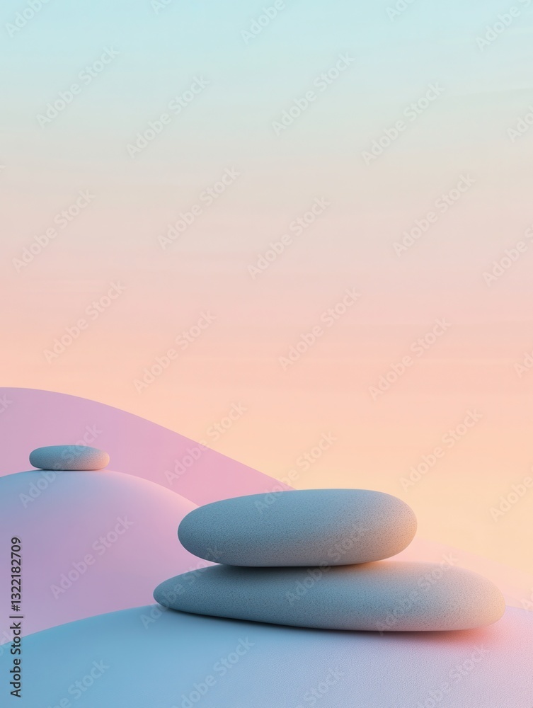 Poster minimalistic zen-inspired landscape featuring smooth pebbles and soft pastel gradients for a peacefu