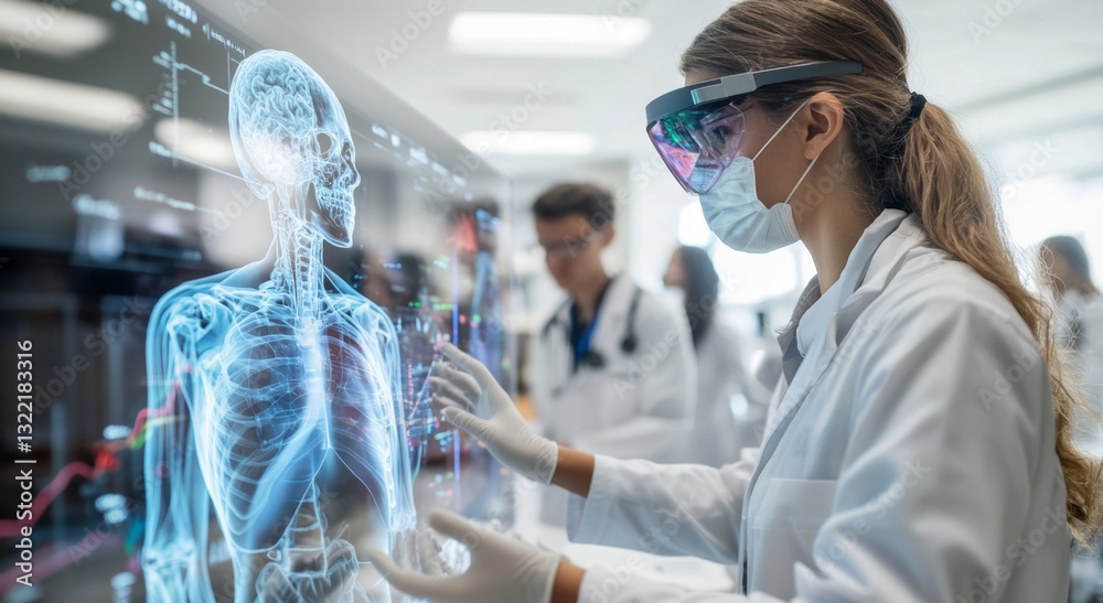 Poster Interns dressed in lab coats engage with an interactive holographic display of the human skeleton. They focus intently on the advanced technology, preparing for future medical practices.