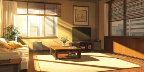 A cozy interior living room bathed in warm sunlight filtering through windows