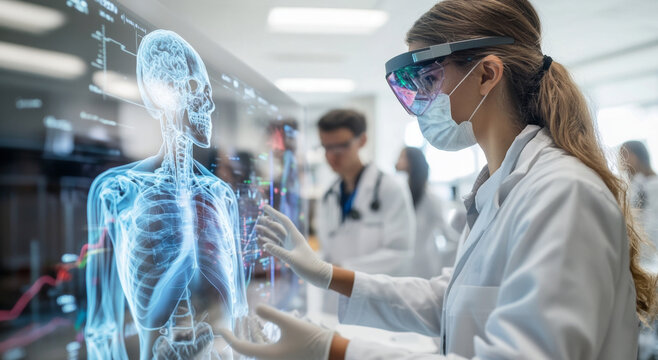 Interns dressed in lab coats engage with an interactive holographic display of the human skeleton. They focus intently on the advanced technology, preparing for future medical practices.