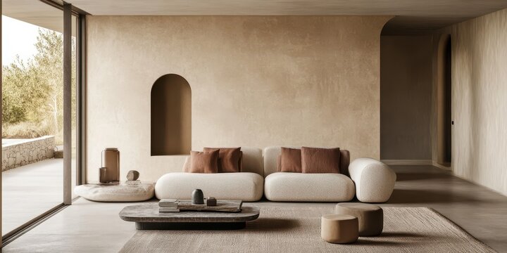 A modern living room showcasing neutral colors and stylish furniture arrangement