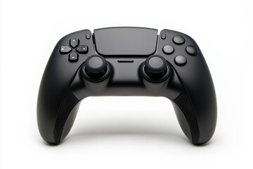 Black gaming controller on white background for tech fans