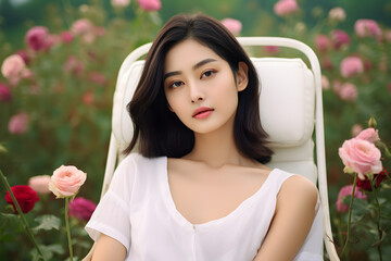 Naklejka premium Portrait of beautiful young brunette woman Beautiful young asian woman with clean fresh skin on white background, Face care, Facial treatment, Cosmetology, beauty and spa, beautiful place