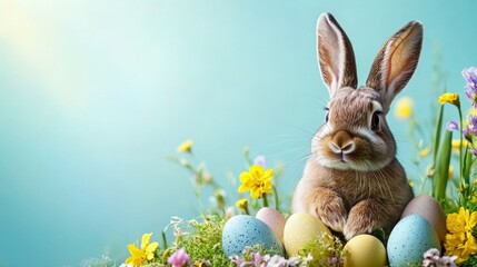 Fototapeta premium Cute easter bunny with eggs and flowers and copy space