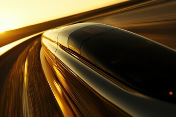Fototapeta premium A sleek, futuristic vehicle speeds along a curving road at sunset, showcasing its aerodynamic design and luxurious aesthetic.