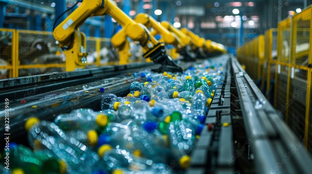 Poster advanced robotic arms sort plastic bottles on a conveyor belt in a recycling facility, demonstrating