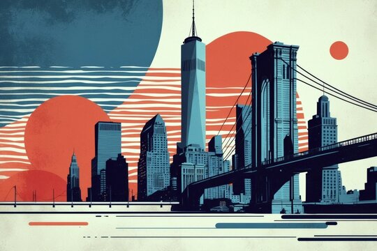 Fototapeta Modern skyline of New York City with iconic bridges and vibrant color contrasts at dusk