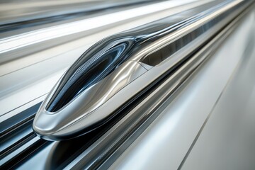 Sleek, futuristic high-speed train speeding along a metallic track, showcasing innovative design and technology.