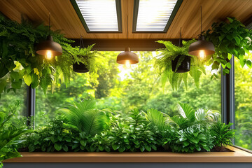 Fototapeta premium Advanced air circulation system maximizes airflow through open ceiling vents in a greenhouse, facilitating healthy plant growth in a lush, green environment filled with various foliage