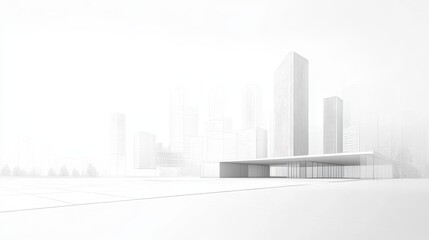Fototapeta premium White background, city skyline, vector illustration style, simple lines, high-end aesthetic, light gray and white color scheme, urban architecture