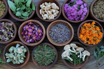 Fototapeta premium Herbal medicine featuring herbs, spices, and flowers commonly used in Chinese and natural alternative remedies, set against a rustic backdrop with fresh herbs and flowers, captured from a top view