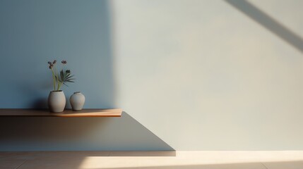Vases with Plants on Shelf Against Blue Wall with Sunlight Pattern